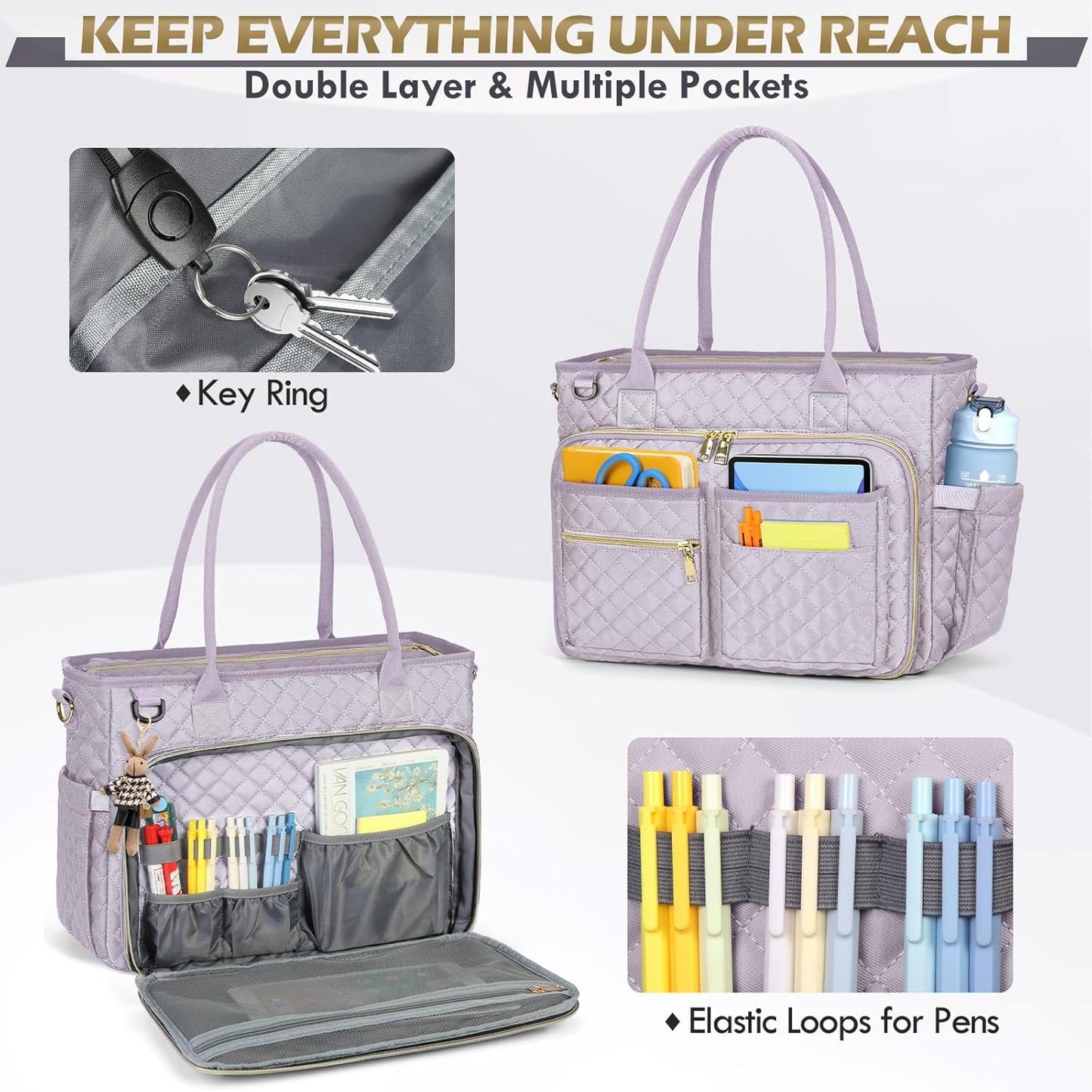 RAINSMORE Teacher Tote Bag 15.6 inch Laptop Bag for Women Work Bags Laptop Tote Nurse Bag Professional Computer Messenger with Insulated Pocket, Laptop Briefcase for Office, College, Gray Lilac