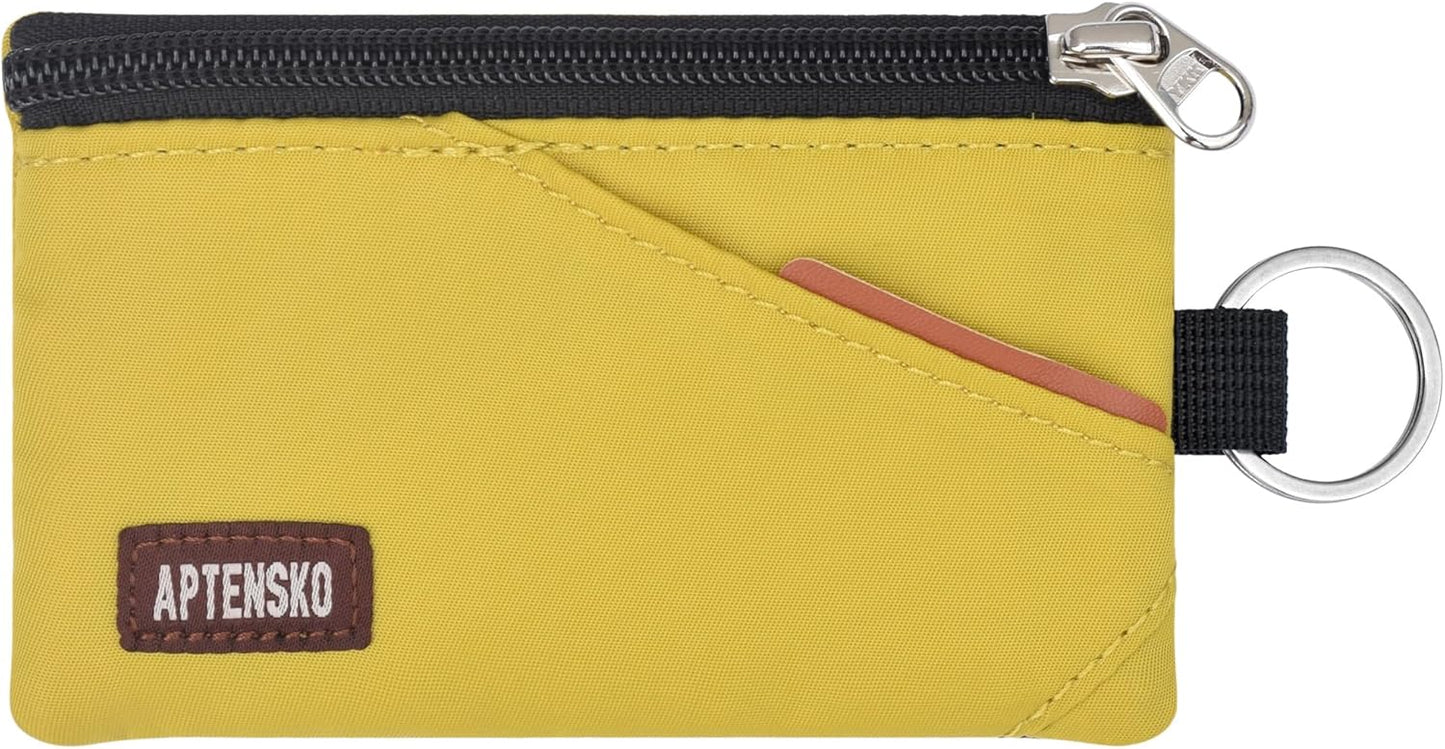 RFID Travel Wallet with Adjustable Lanyard-Zipper Small Wallet with ID Card Holder, Keychain for women&men-Minimalist Slim Waterproof Nylon case for ID, Cash, Key (Dark Yellow)