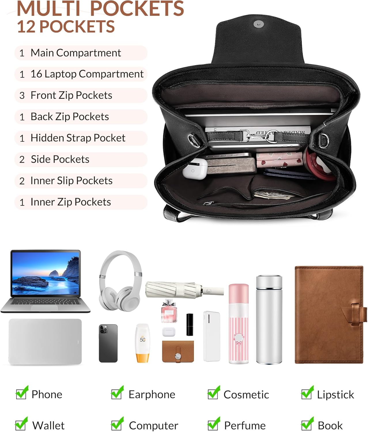 Laptop Bag for Women Designer Leather Laptop Backpack Purse, 16 inch Computer Tote Bags for Work