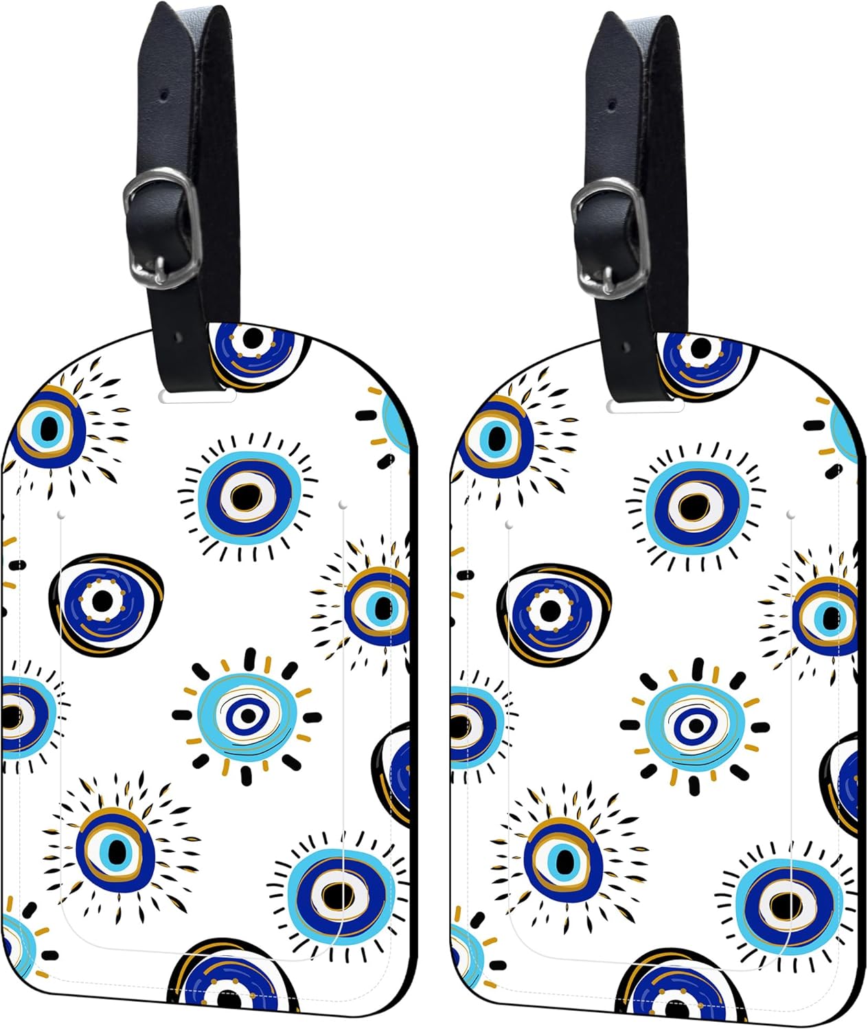 2 Pack Luggage Tags Evil Eye PU Leather Baggage Handbag Suitcase Tags with Secure Strap Privacy Cover ID Labels,Business Travel Baggage Tag Identifier