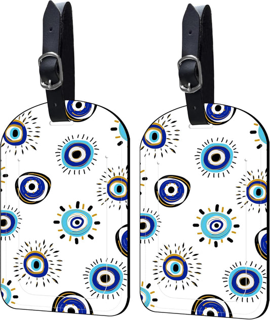 2 Pack Luggage Tags Evil Eye PU Leather Baggage Handbag Suitcase Tags with Secure Strap Privacy Cover ID Labels,Business Travel Baggage Tag Identifier