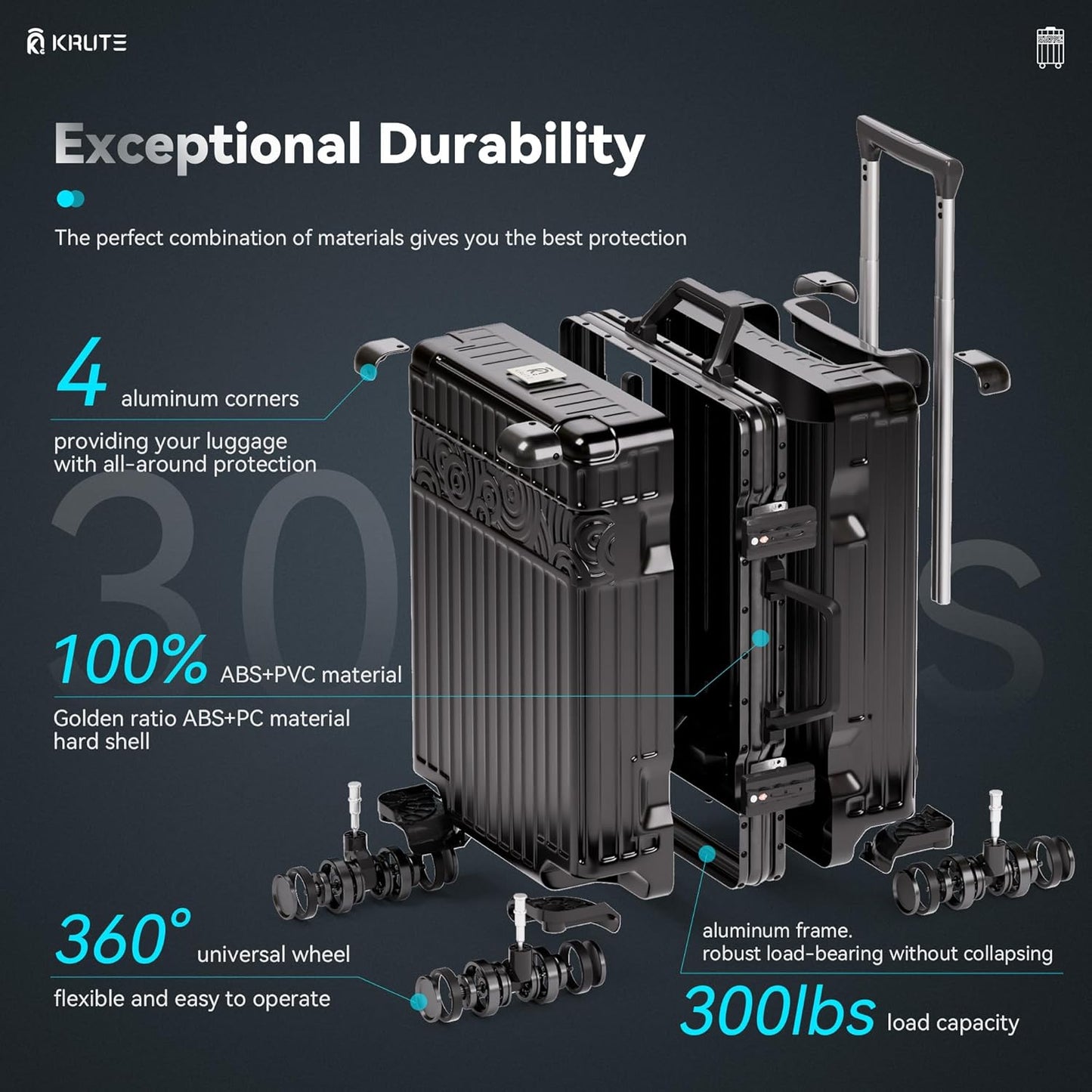 Krute Aluminum Frame Carry On Luggage with Wheels 20inch Hard Shell Zipperless Luggages PC+ABS Suitcase with TSA Lock
