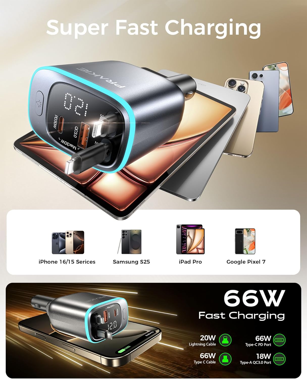 4 in 1 Car Charger, Retractable iPhone Car Charger Fast USB C Phone Charger, Cigarette Lighter with 2 Cable 30 Inch and 2 USB Ports, Multi Port USB Car Charging for iPhone 17/16/15/14/13 Pro Max-2Pack