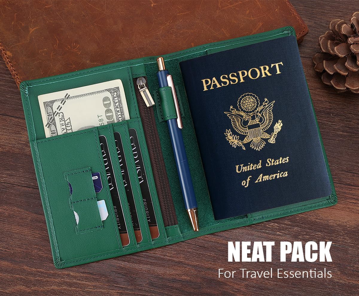 STAR VISTA Phoenix Leather Passport Holder, Calfskin Leather Travel Wallet - RFID Blocking, ID Window, Zipper Pocket, Pen & Notebook Included, AirTag Holder, Mint