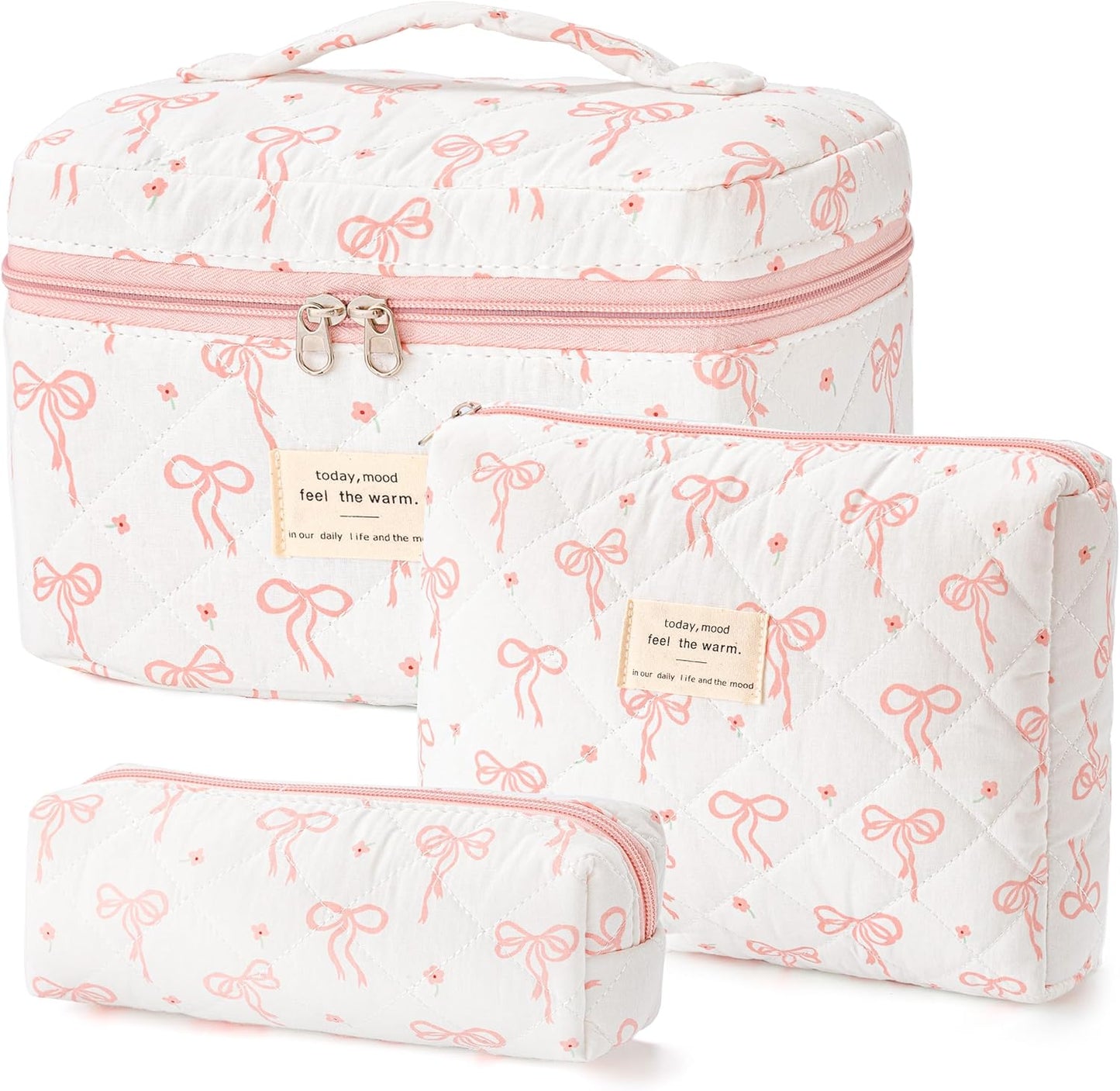 HBselect Quilted Makeup Bag, 3PCS Cotton Large Travel Makeup Bag, Cute Floral Coquette Make up Bag Cosmetic Bag Toiletry Bag for Women Girls