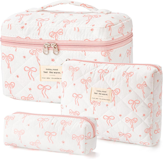 HBselect Quilted Makeup Bag, 3PCS Cotton Large Travel Makeup Bag, Cute Floral Coquette Make up Bag Cosmetic Bag Toiletry Bag for Women Girls