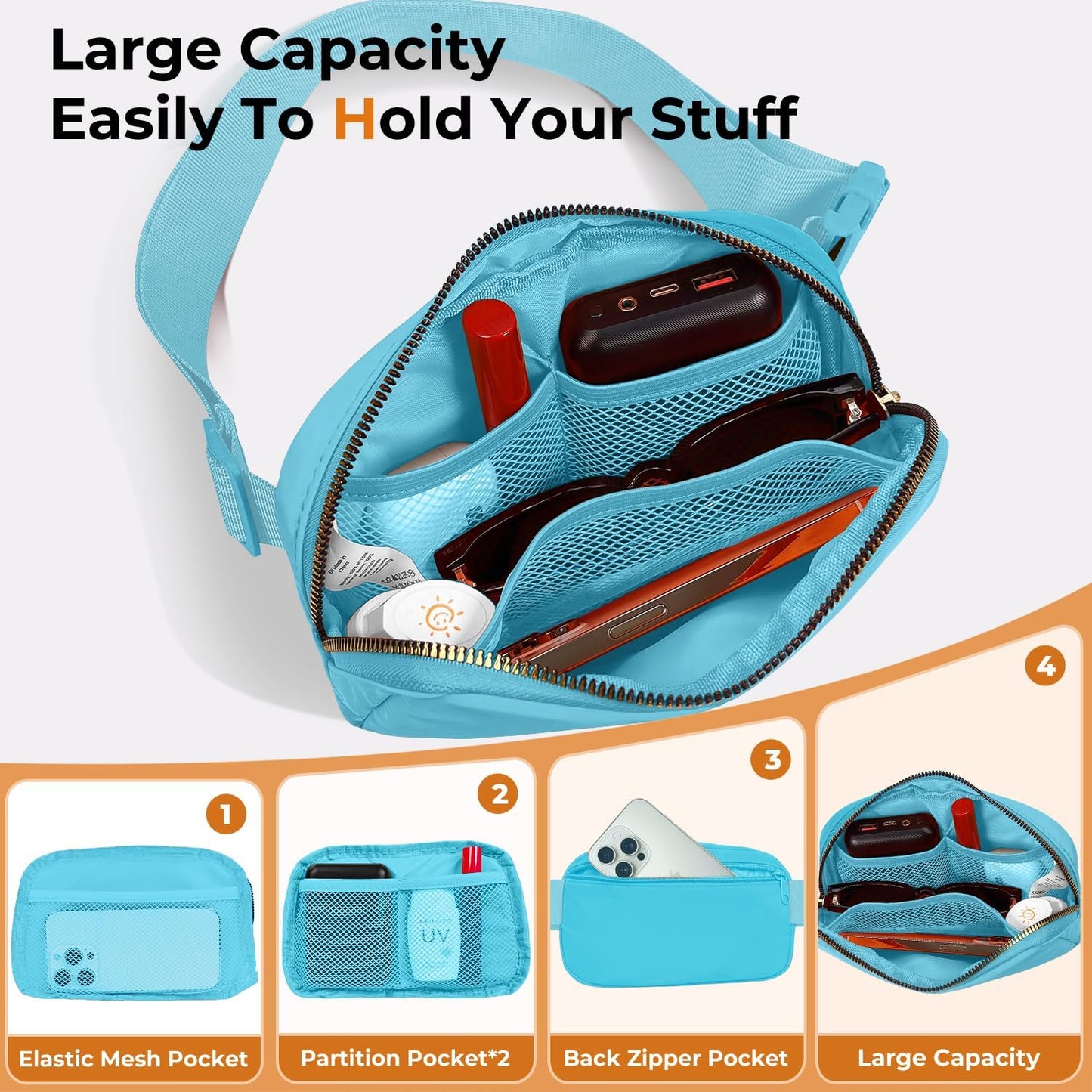 Belt Bag Zipper Fanny Pack Crossbody Bags for Women,Fashion Nylon Waist Packs, Water Repellent Two Way wear with Adjustable Strap Gifts for Teenage Girls Women Men (lake blue)