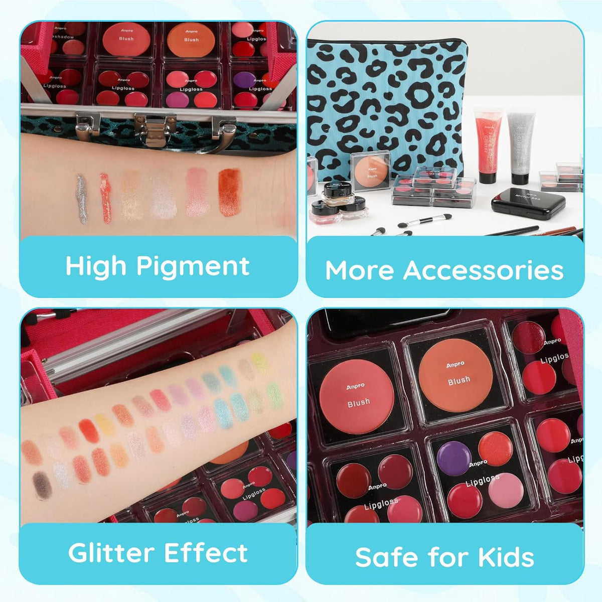Anpro All-In-One Leopord Double Folding Makeup Carry Case with Pro Teen Makeup Set, Full Starter