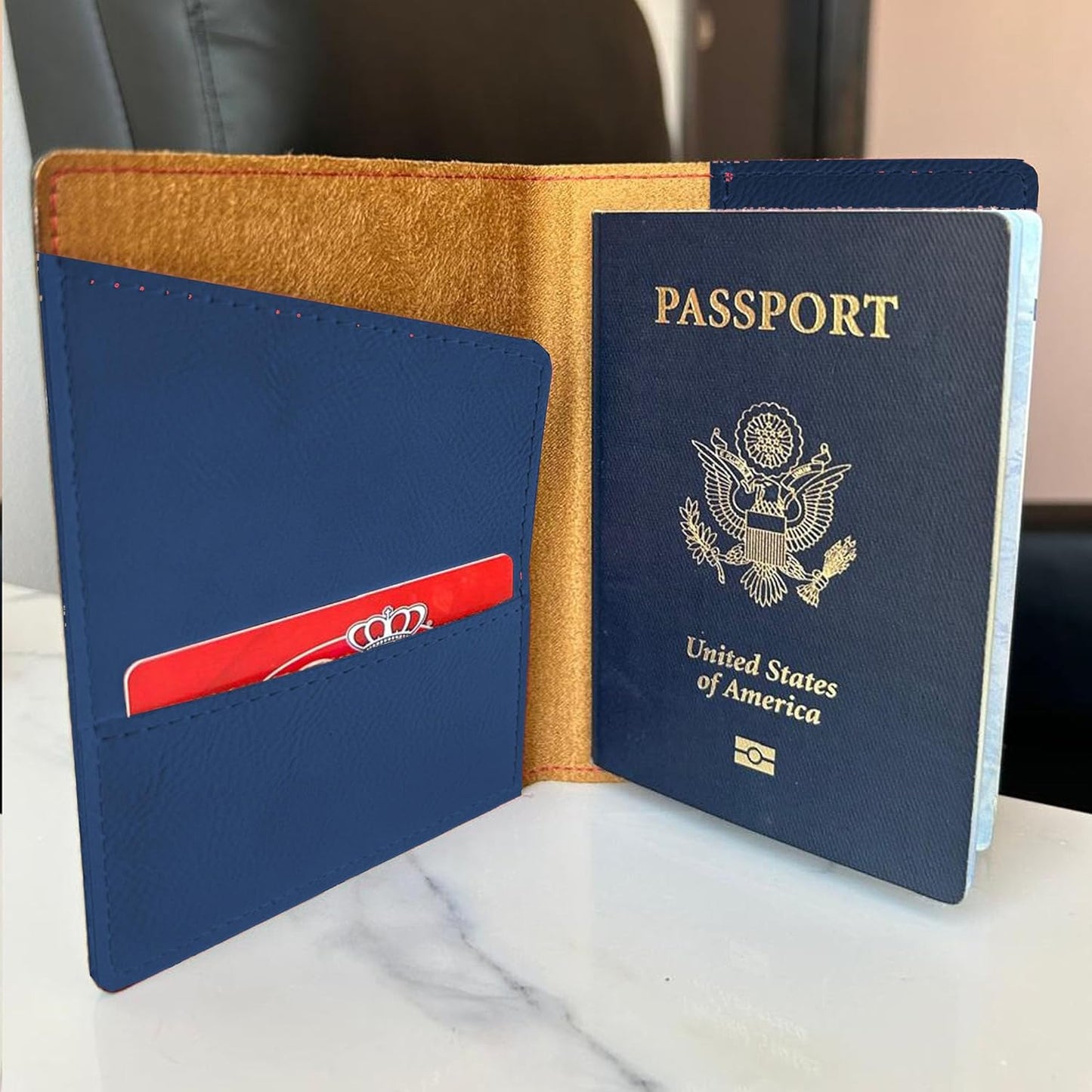 LaserGram Faux Leather Passport Holder, Coat of Arms Dominican Republic, Personalized Engraving Included (Dark Blue)