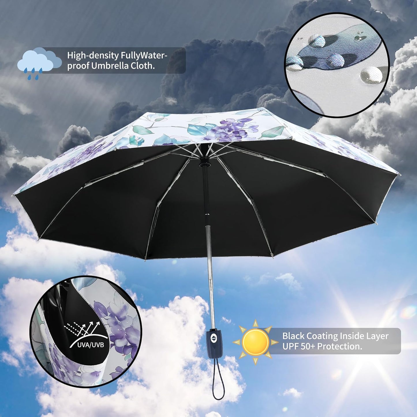 Color Coated Sun Umbrella UV Protection Compact Folding Windproof Parasols Travel Auto Open Close