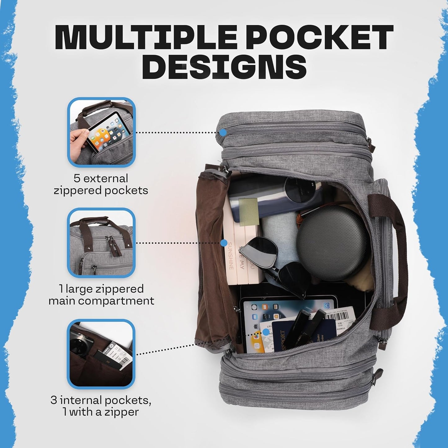 Duffle Bag for Travel 20–23” Expandable (40L) – Lightweight Water-Resistant Carry On Weekender with Multiple Pockets & Shoulder Strap – Airline Approved Travel Duffel Bags for Men & Women