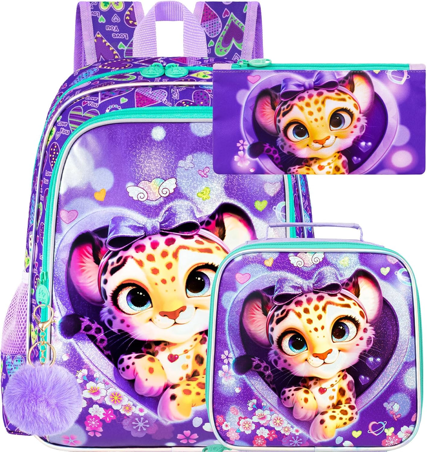 3PCS Girls Backpack, Kids Water Resistant Heart Bookbag Set with Lunch Box, Cute Kids School Bag for Preschool Toddler