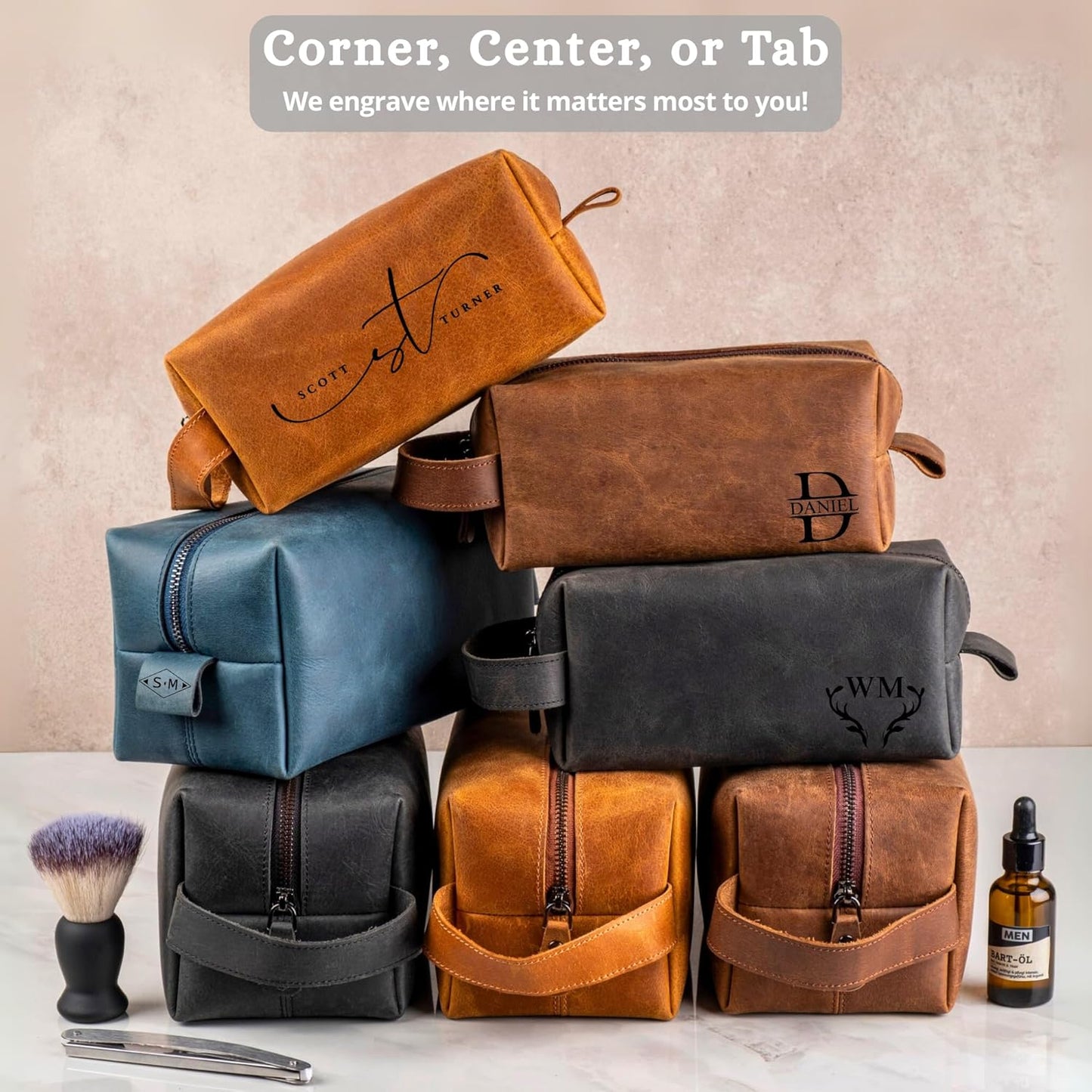 Personalized Leather Toiletry Bag for Men - Handmade Custom Engraved Dopp Kit, Gift for Dad