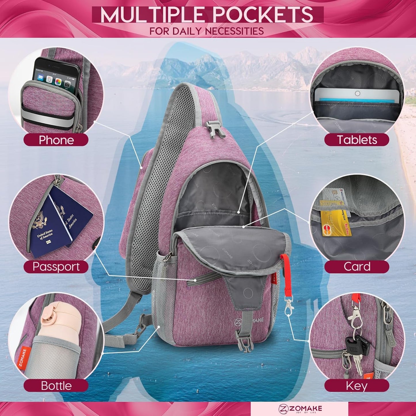 ZOMAKE Sling Bag,Small Crossbody Sling Backpack,Water Resistant Shoulder Daypack for Travel,Anti Thief Chest Bag for Hiking(Light Purple)