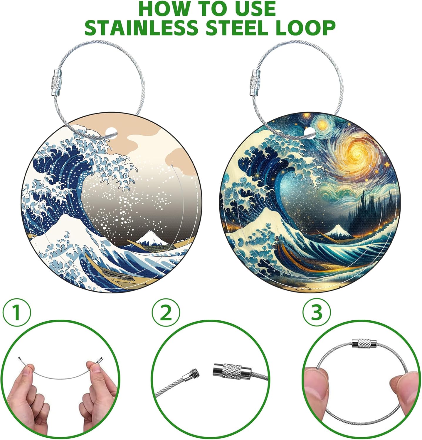 Round Cute Luggage Tags 2 Pack The Great Wave Creative Baggage Tags,Cruise Travel Baggage Suitcases Tag with Stainless Steel Loop ID Tag Privacy Flap