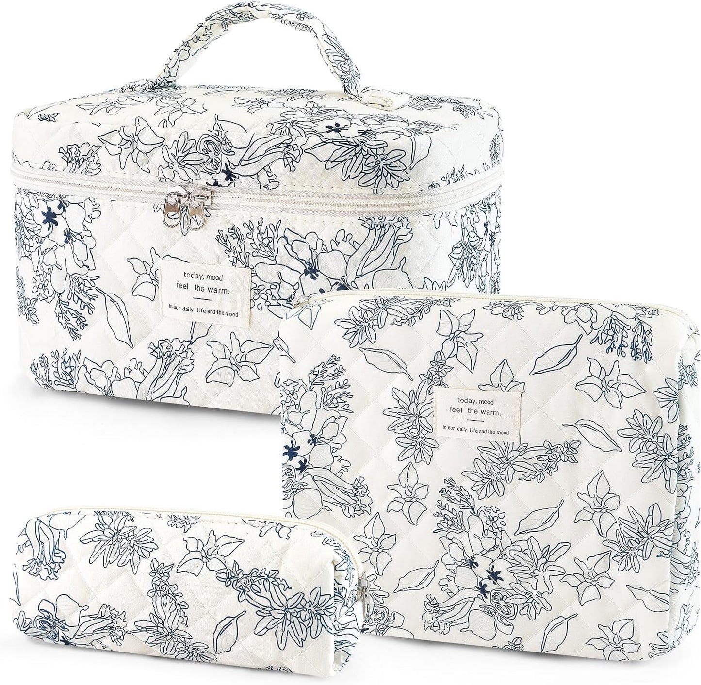 3Pcs Cotton Quilted Makeup Bag for Women Girls, Large Floral Cosmetic Bag Set Cute Makeup Brushes Aesthetic Accessories Storage Bag Flower Travel Toiletry Bag Organizer