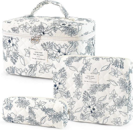 3Pcs Cotton Quilted Makeup Bag for Women Girls, Large Floral Cosmetic Bag Set Cute Makeup Brushes Aesthetic Accessories Storage Bag Flower Travel Toiletry Bag Organizer