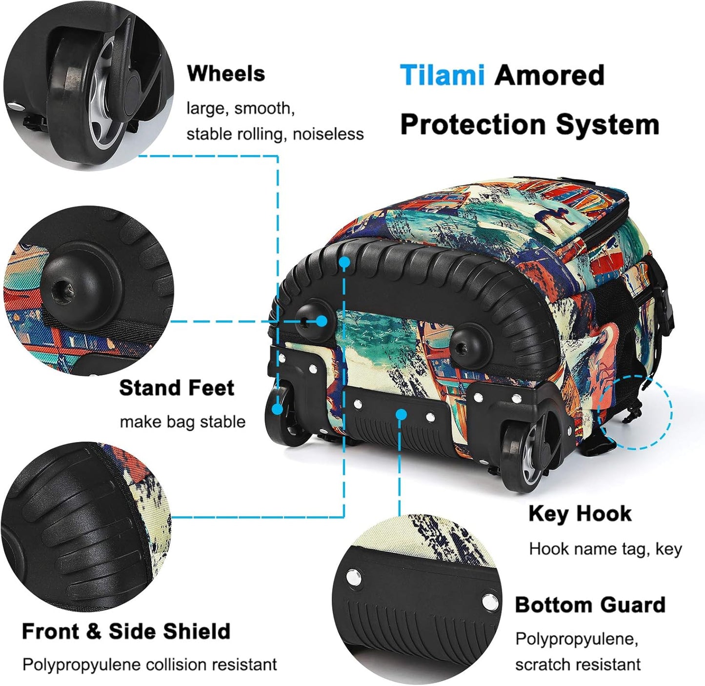 Tilami Rolling Backpack 19 inch Wheeled Cute LAPTOP Boys Girls Travel School Student Trip,Surfing