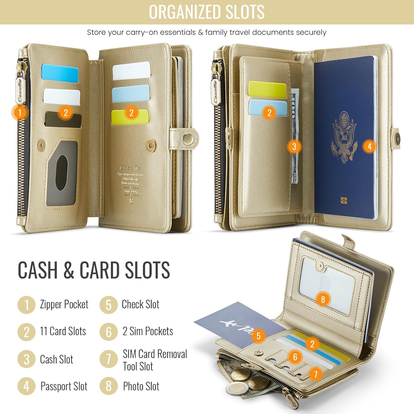 Passport Holder Wallet, 12 Card Slots RFID Blocking Travel Organizer, Zippered Coin Pocket & Detachable Wrist Strap Secure AMagnetic Closure Passport Case for Men & Women (Gold)