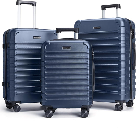 LIGHT FLIGHT Luggage Sets, 3 Piece Durable Suitcase Set with Spinner Wheels, 3 Pcs Hardside Lightweight luggage with TSA Lock, Large Checked Travel Suitcases, 20/24/28 Inch, Dark Blue