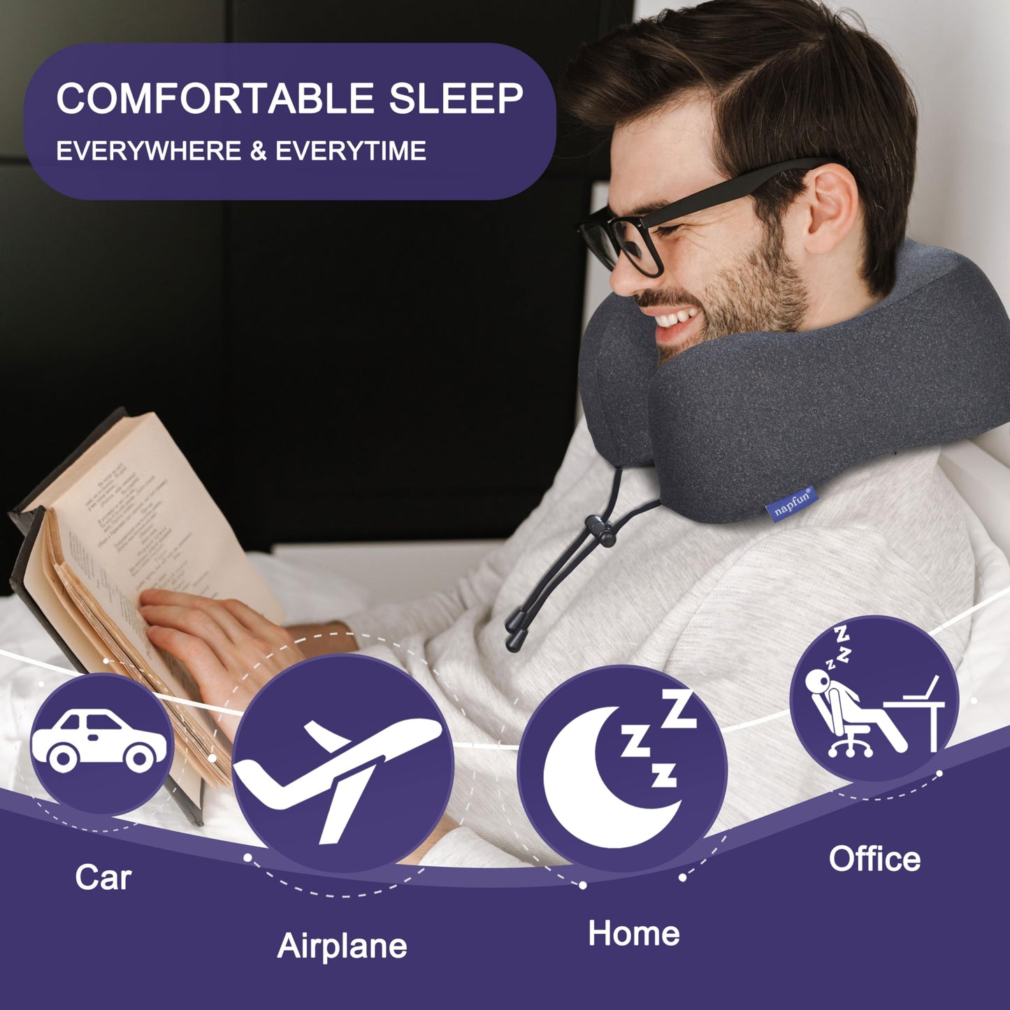 napfun Neck Pillow for Travel, Memory Foam Airplane Pillow, Full Black