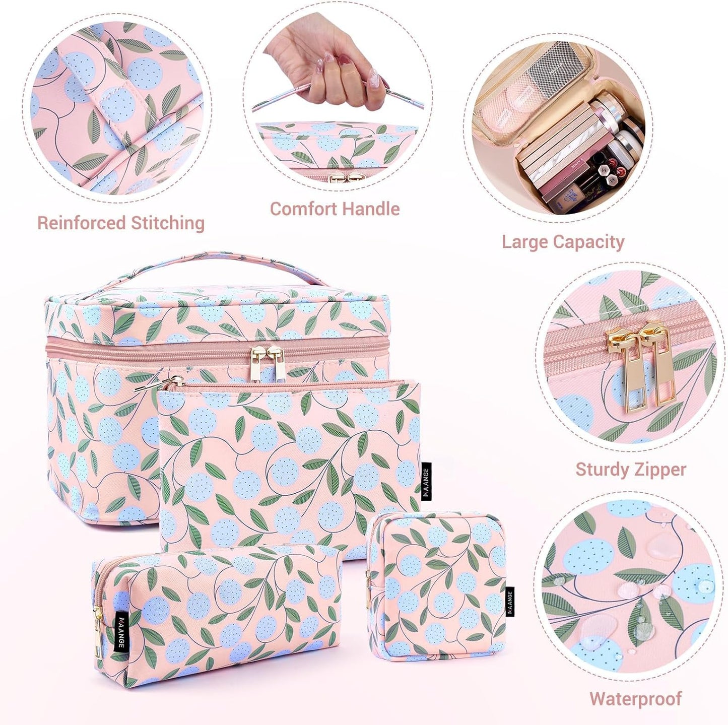 MAANGE 4PCS Makeup Bag for Women, Cosmetic Bag Set, Portable Large Travel Makeup Bag, Bolsa de Maquillaje, Impermeable Oxford Cloth Make Up Organizer with Gold Zipper(Pink Plants)