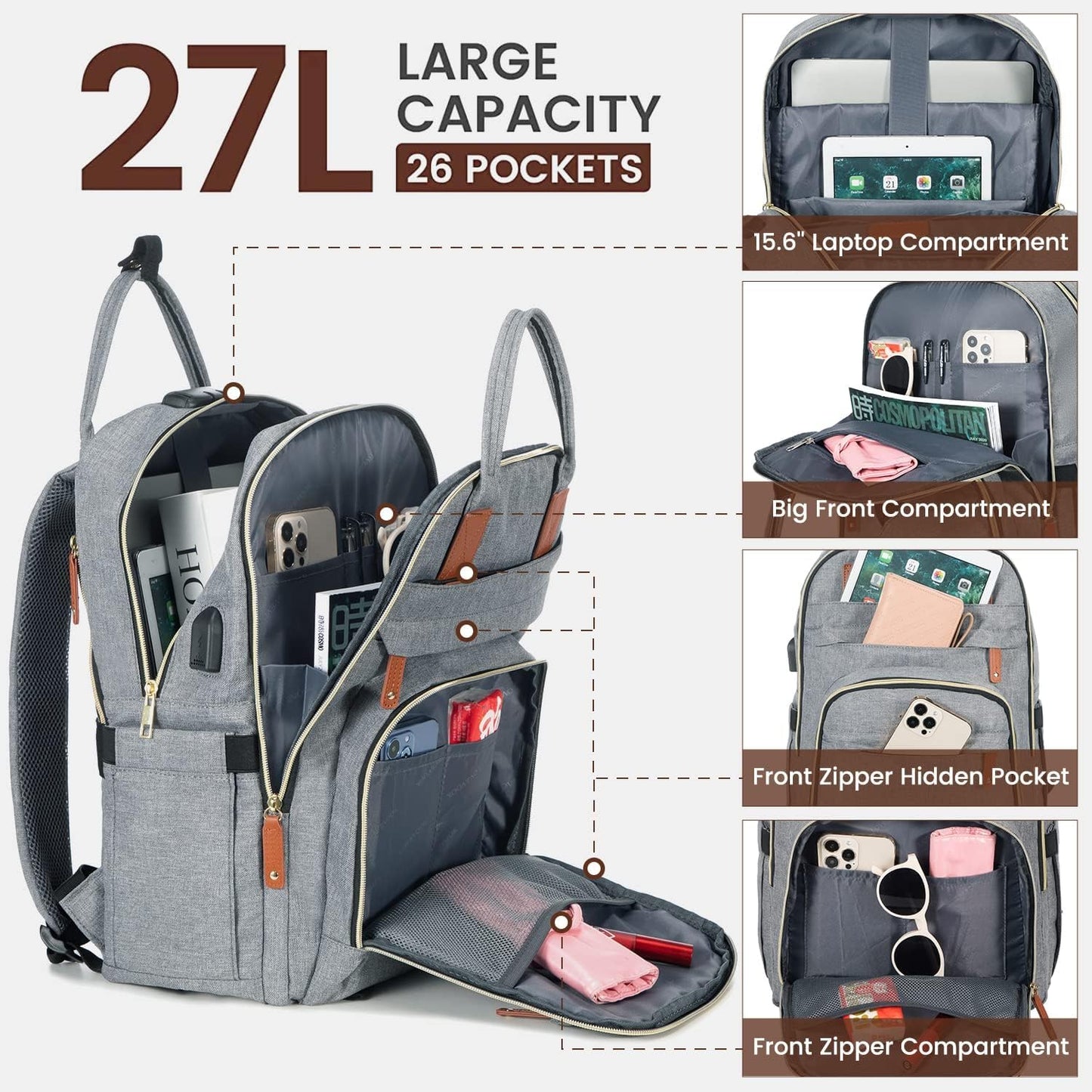 LOVEVOOK Laptop Backpack for Women & Men, Unisex Travel Anti-theft Work Bag, Business Computer College Backpacks Purse, Casual Hiking Outdoor Carry On Daypack with Lock, Fits 15.6 Inch Laptop, Grey