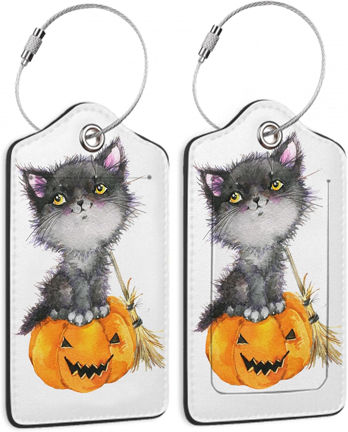 Cute Cat Luggage Tag,Halloween Pumpkin Luggage Tags of Set 2 Leather Identifiers Privacy Cover with Stainless Steel Loop for Women Men Travel Bag Suitcase