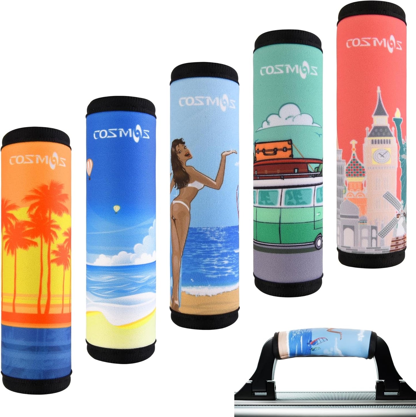 Cosmos 5 Pcs Luggage Handle Wraps Soft Neoprene Grip Handle Cover Detachable Luggage Identifier for Luggage Suitcase Travel Bag Trolley Case Travel Accessories (Summer Sun Pattern (5 Pcs))