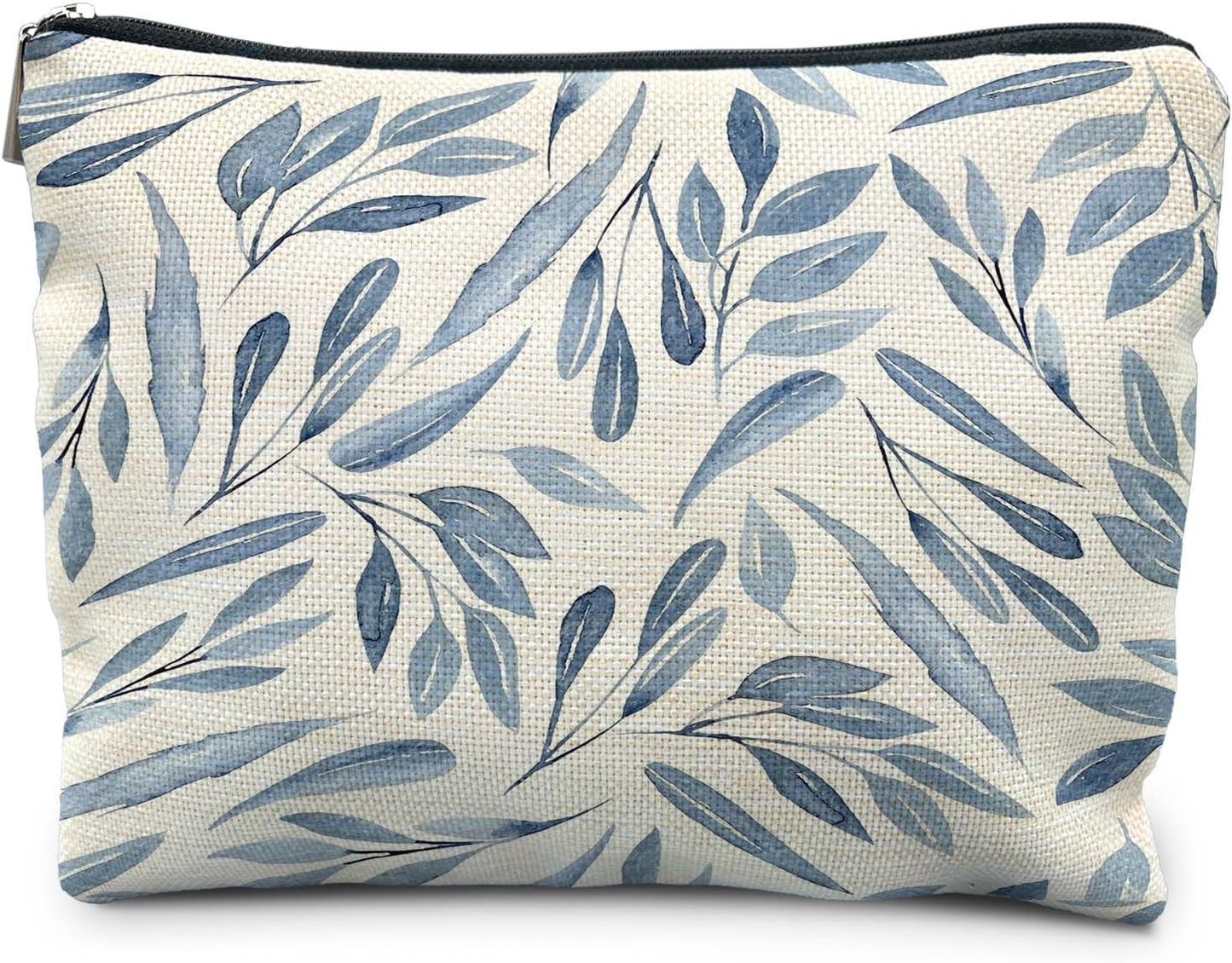 Blue Floral Makeup Bag Pouch, Blue and White Chinoiserie Makeup Pouch, Floral Cosmetic Bag, Boho Botanical Leaves Cosmetic Bag for Women