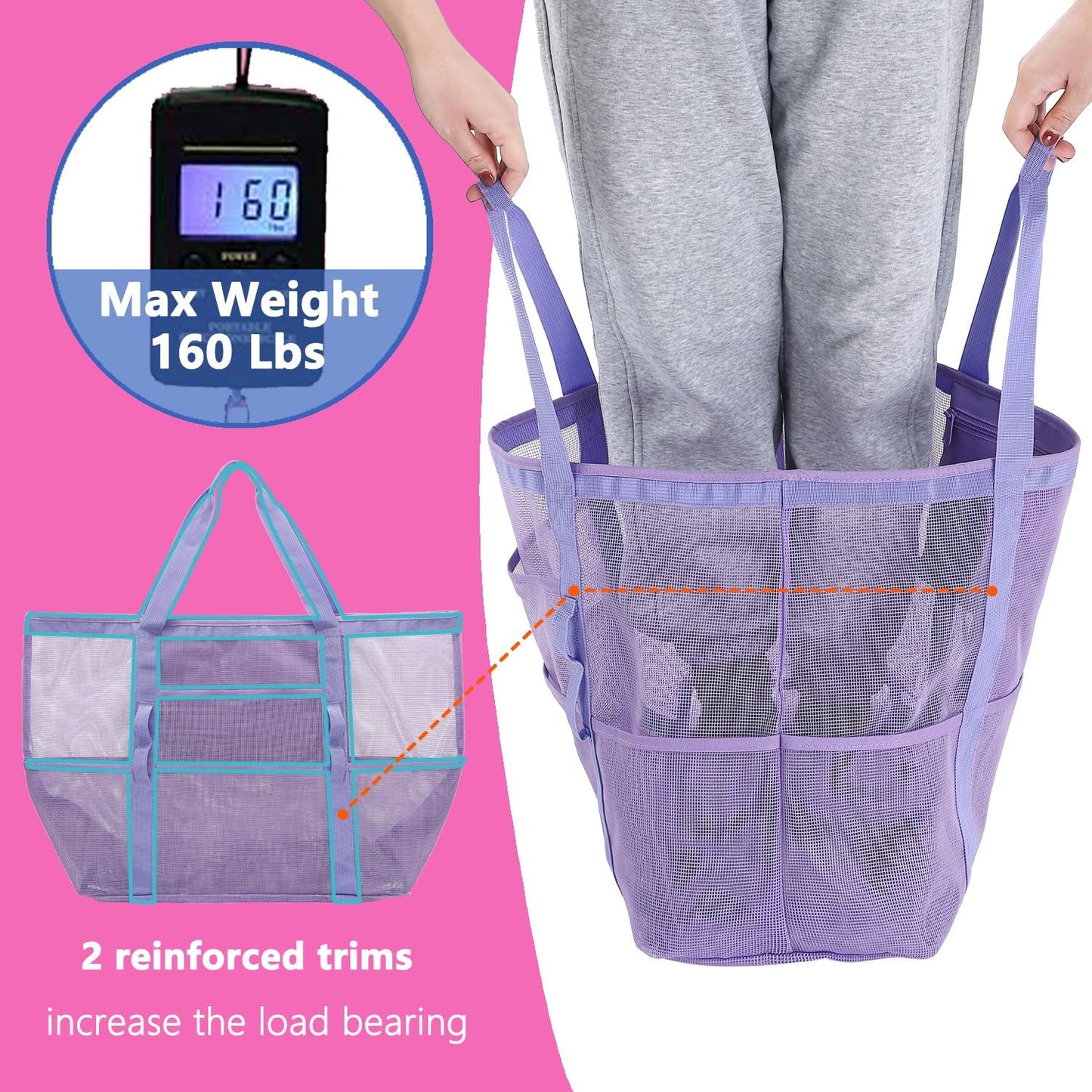 Mesh Beach Bag, Large Beach Tote with Zipper Pocket for Family Pool Bag for Toys & Vacation Essentials