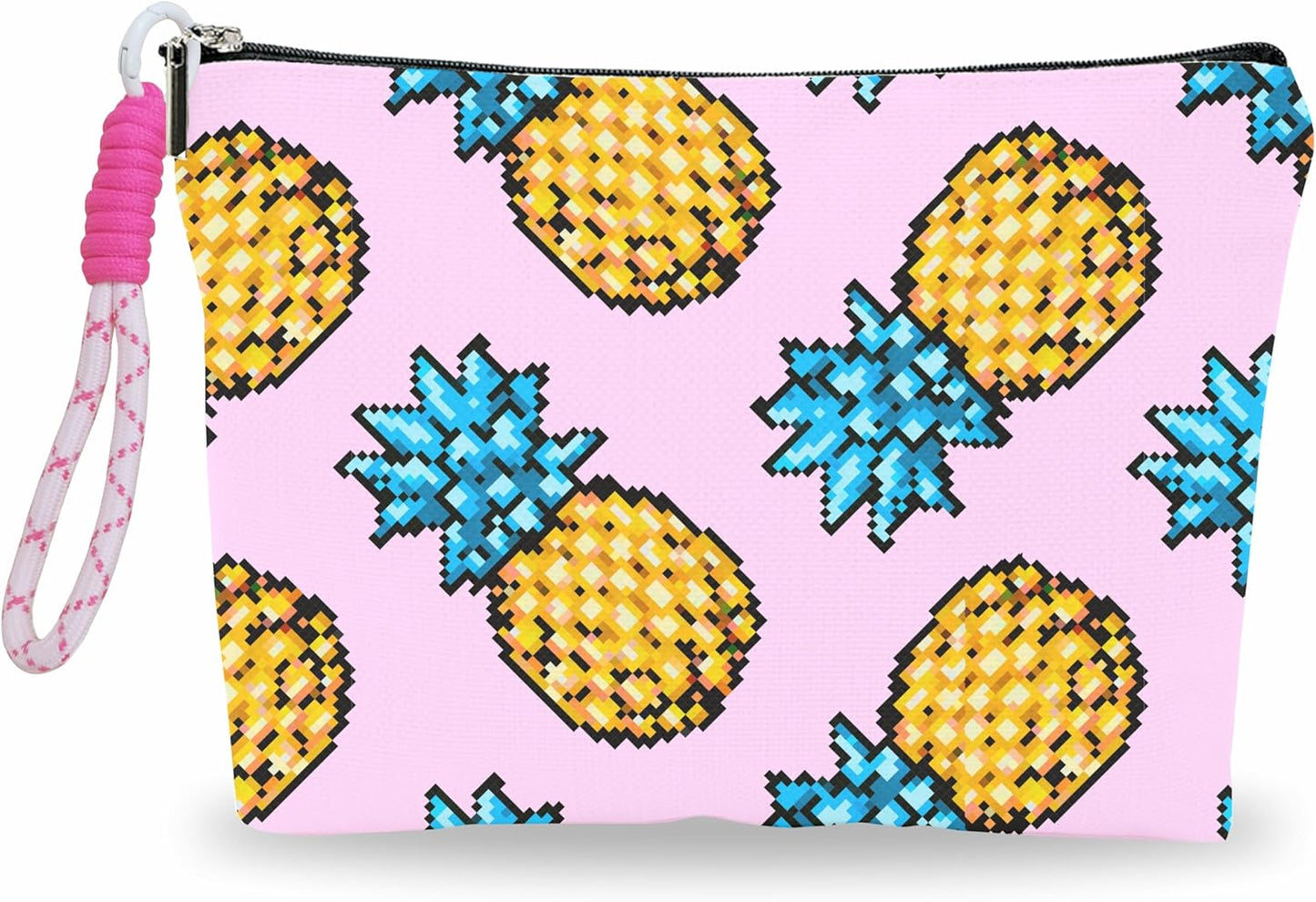Pink Make Up Bag, Cosmetic Bag With Hand Strap- Pixel Pineapple - Lined Toiletry Bag For Woman - Travel Pouch, Organizer With Zipper, Women Essentials & Accessories - A11