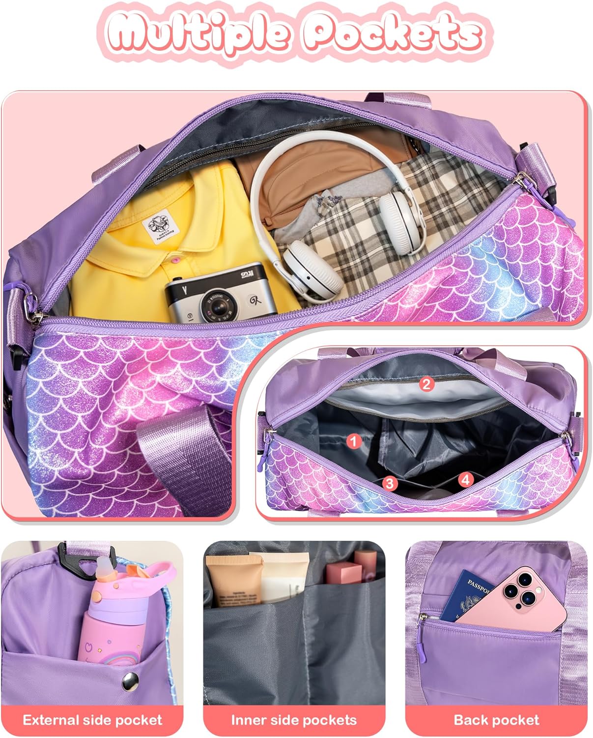 Travel Stuff for Kids-Girl Gym Bag with Shoe Compartment, Kid Weekender Dance Bags, Initial Travel