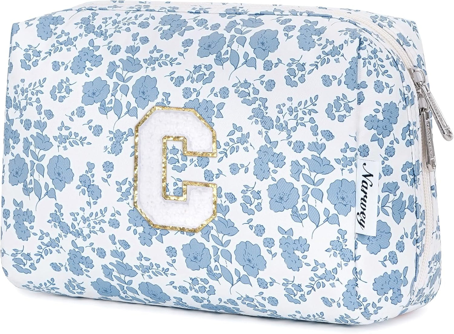 Narwey Birthday Gifts for Teen Girls Kids Women Personalized Initial Floral Makeup Bag Cute Cosmetic Trendy Stuff 6 8 10 11 12 13 14 16 18 Years Old Travel Toiletry Bag (Little Blue Flower C)