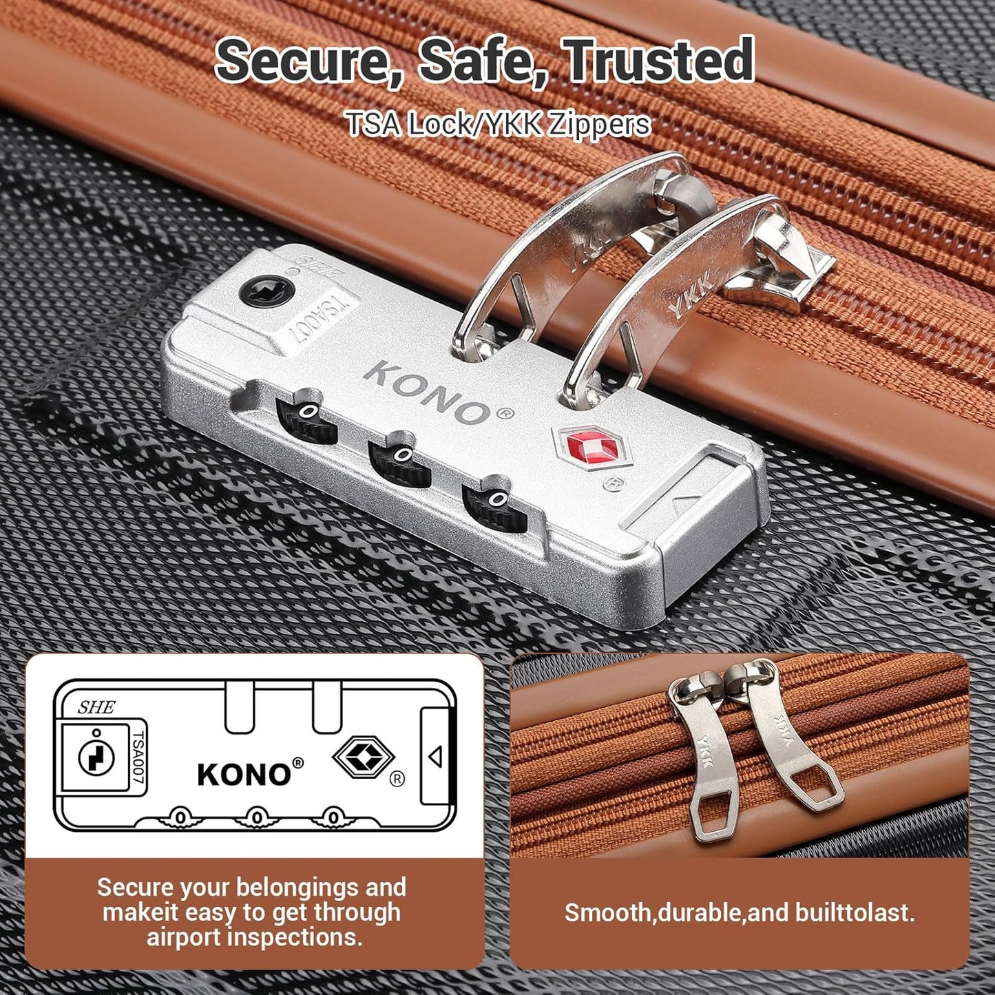 Kono Luggage 3 Piece Set Suitcase Spinner Hardshell Lightweight TSA Lock For Men Women(apricot black, 3 piece set(20in24in28in))
