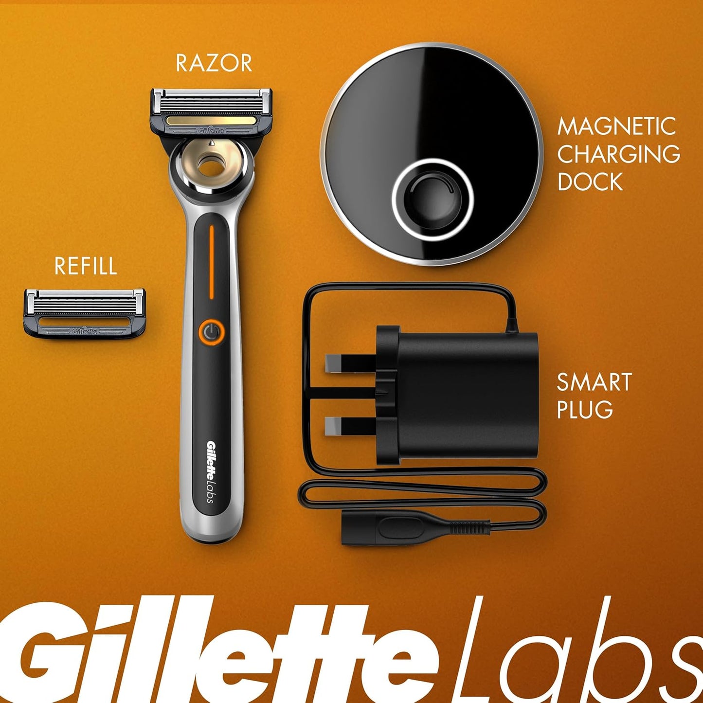 Gillette Heated Razor for Men, Starter Shave Kit by GilletteLabs, 1 Handle, 2 Razor Blade Refills, 1 Charging Dock