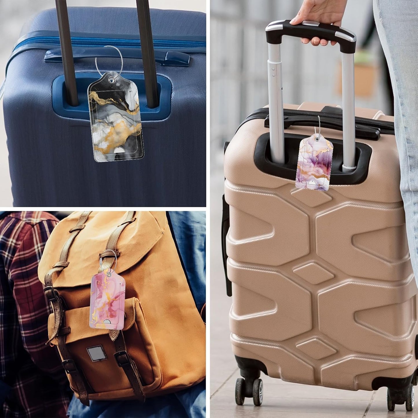 Rimilak 3 Pcs PU Leather Luggage Tags for Suitcase, Travel Cruise Luggage Tag with Privacy Flap, Name ID Label and Metal Loop for Women Men Baggage Handbag School Bag Backpack, Pink Gold Marble