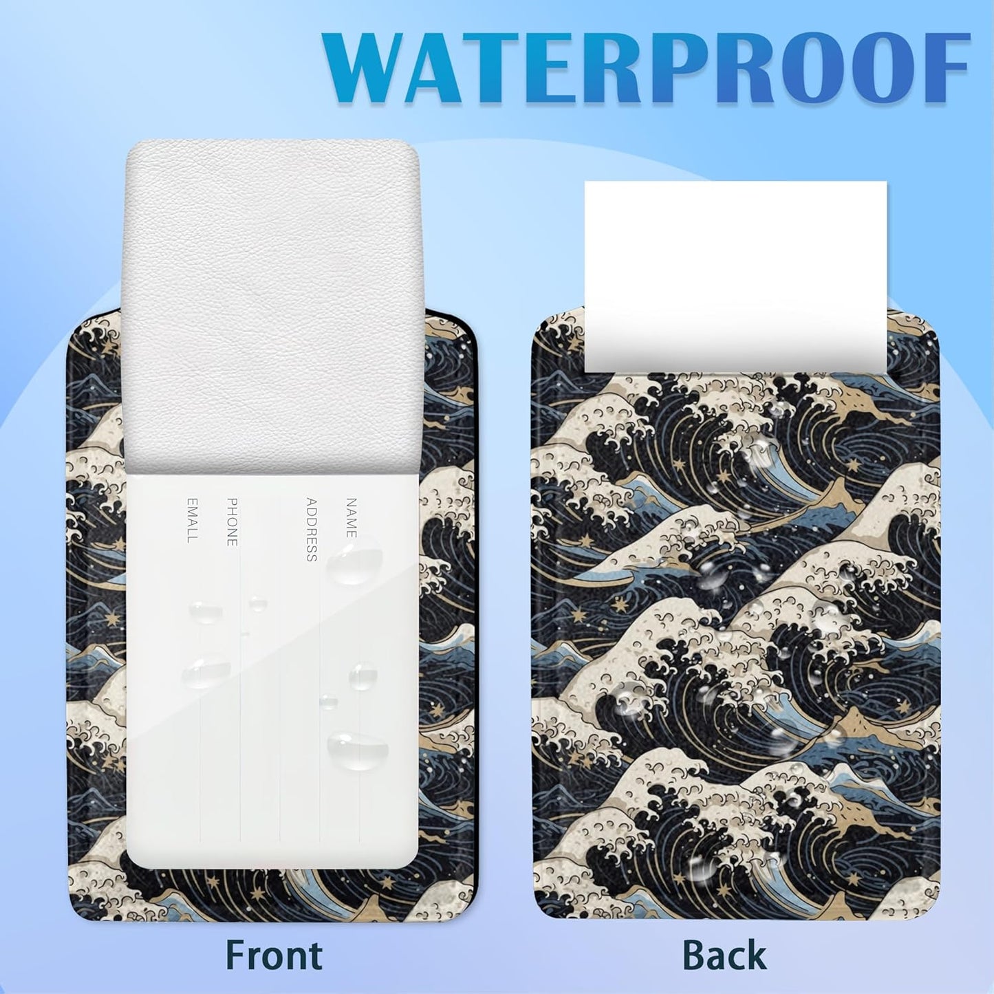 Set of 2 Japanese Art Blue and White Waves Luggage Tags for Suitcases, Japanese Waves Blue and White Gold Leaf Leather Suitcase Tag Name Identifiers Labels for Travel Bag Baggage Backpack