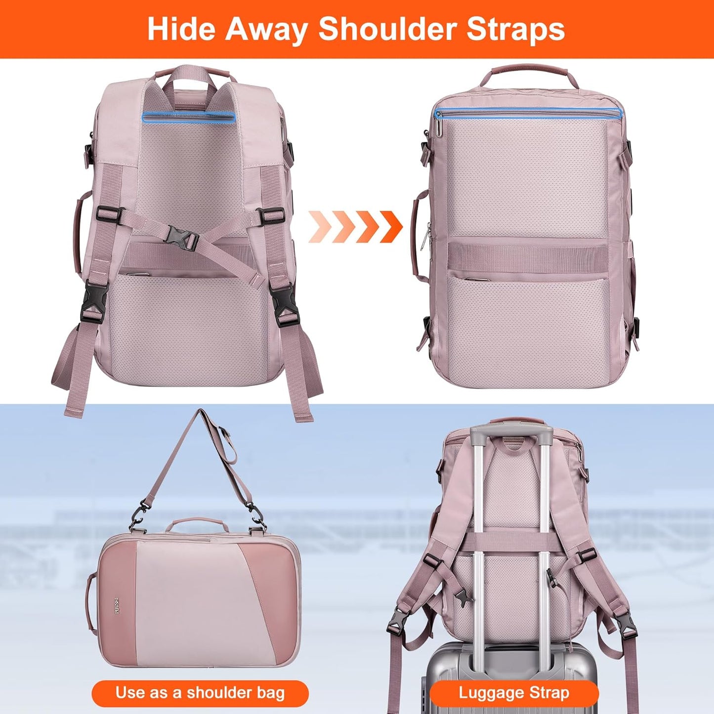 PIJUSHI Travel Backpack for Women Carry on Suitcase Backpack Flight Approved Personal Item Bag Fits 16 Inch Laptop(PE035 Light Purple)
