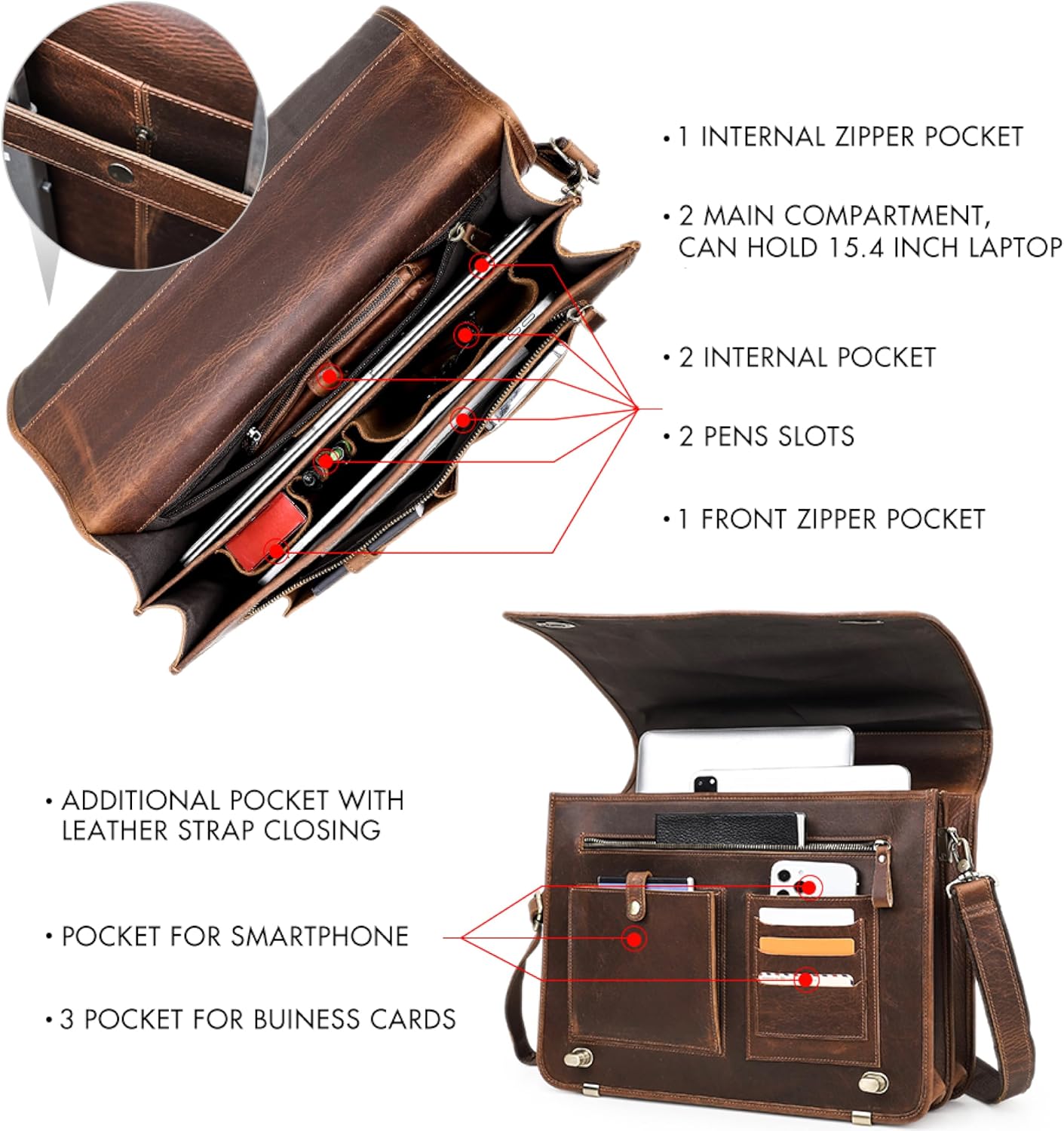 Top Grain Leather 15.4" Laptop Briefcase Crossbody Handbag, Vintage Design & Multi Pockets & Luggage Strap, Fits to 2025 MacBook Pro/Air 13.3"/14.2"/15.4"/16" & A4/A5 Paper, Coffee 15.4 Inch