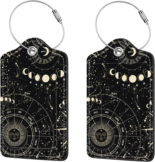 2 Pcs Luggage Tags for Suitcase, Cute Unique PU Leather Travel Bag Tag with Privacy Cover ID Label Address Card and Durable Metal Ring Suitable for Men Women Children Backpack,Cosmic Constellation