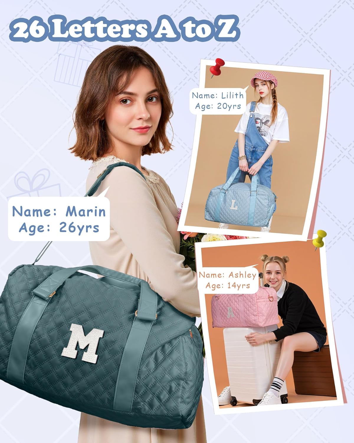 Monogram Duffle Bag Women Girls Gift: Initial Overnight bags, Dance Cheer bag Sports for Girl, Kid Gymnastics Bags, Birthday Gifts for Women Girls Kids Teens Mom Teacher