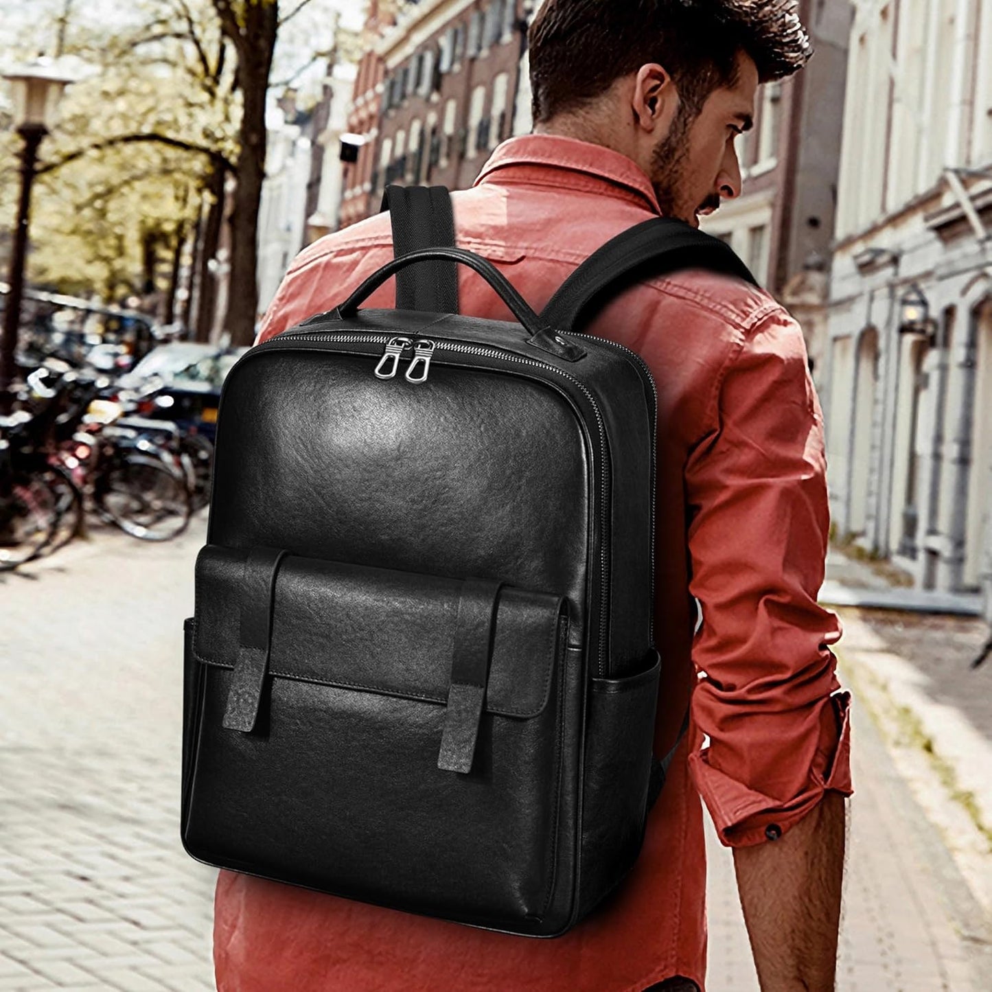 Men's Black Leather Backpack, Durable Genuine Leather Laptop Backpack for Work Travel, Business 15.6" Computer Backpack, Stylish Professional Designer