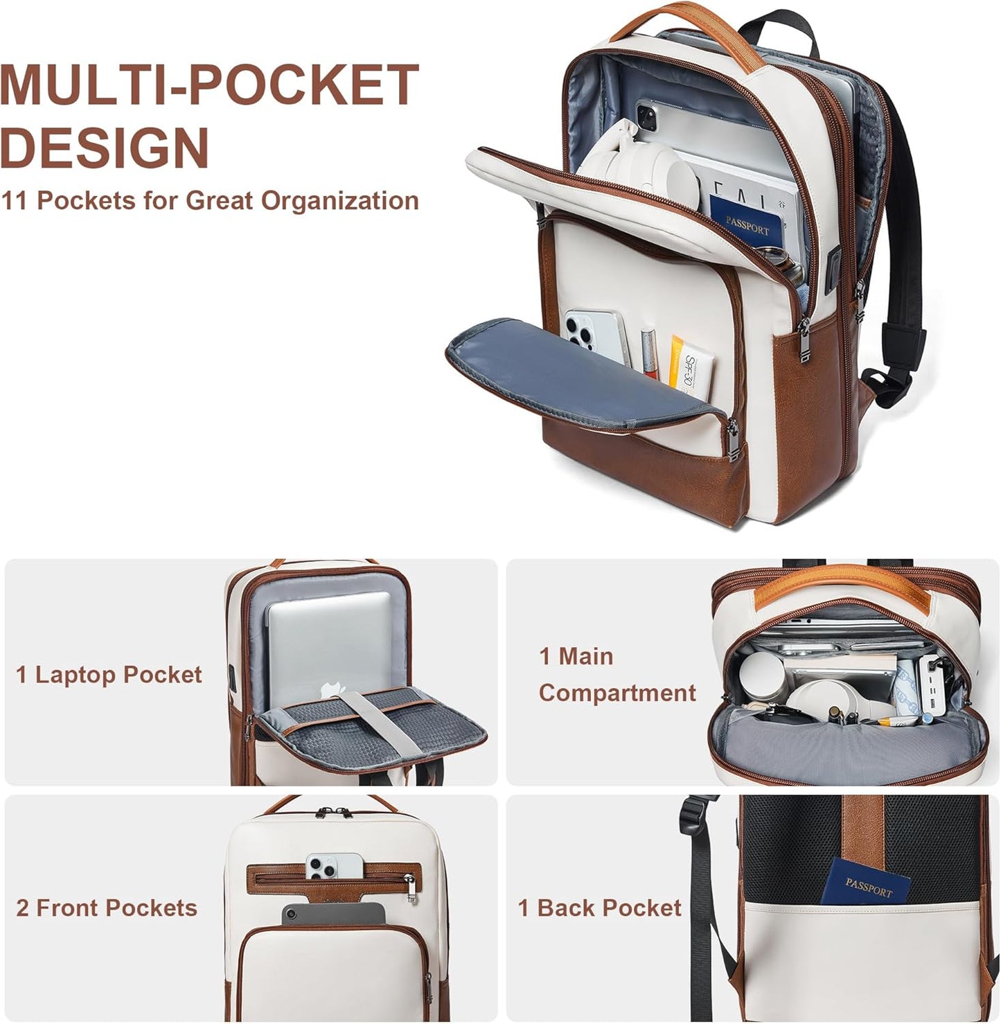 Shrrie Leather Laptop Backpack for Women and Men,28 L Travel Backpack Computer Bag Fits 16 inch Laptop,Expandable Casual Daypack with USB Port for Work Business Weekender College,Beige with Brown