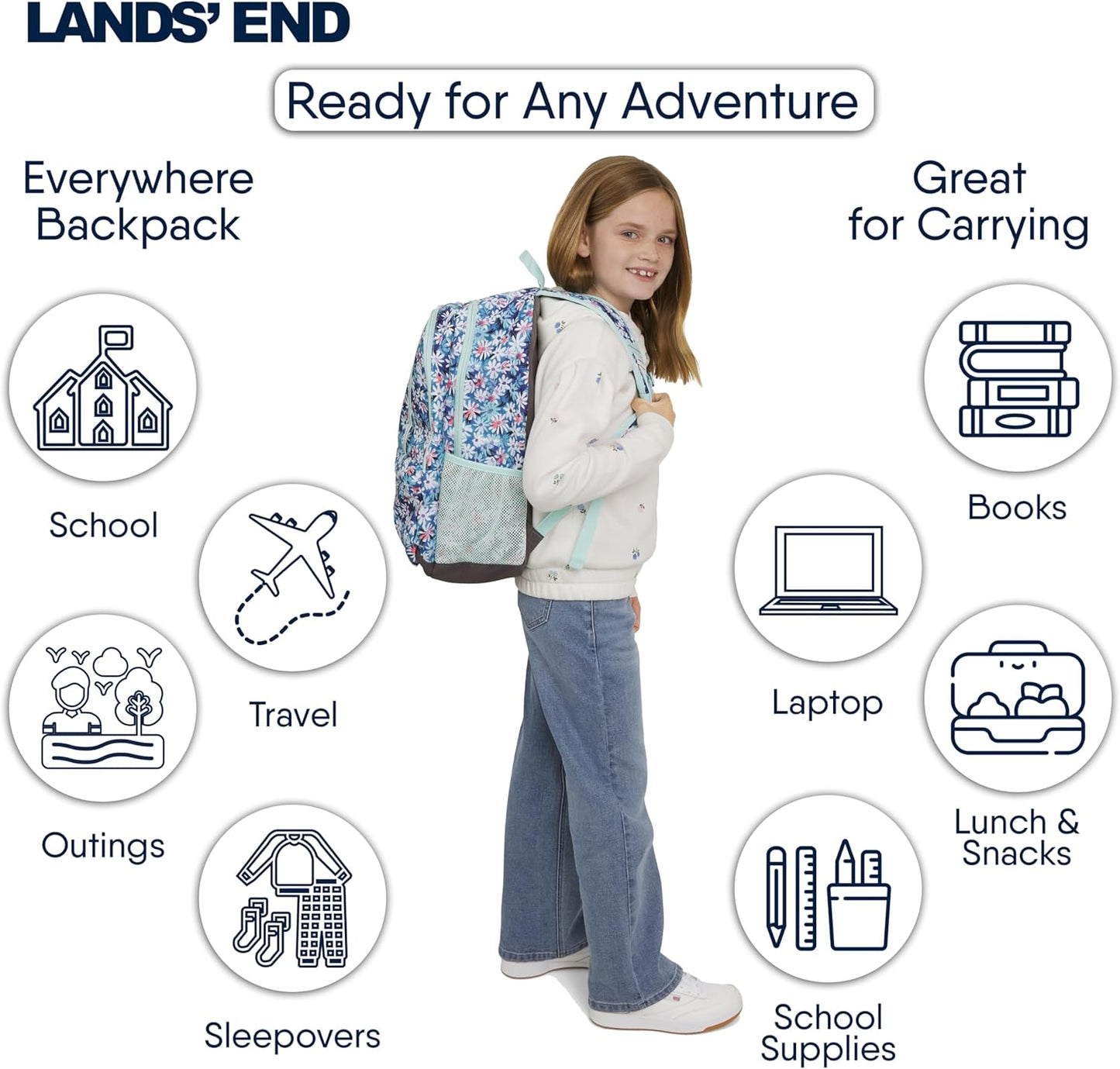 Lands' End Unisex Kids Large ClassMate Lightweight Durable Elementary School Backpack, Peacock