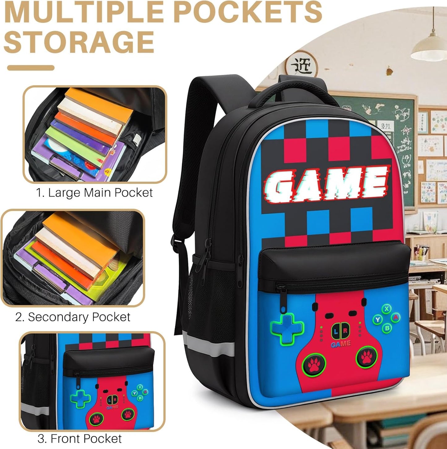 Boys Gamer Backpack Set with Lunch Bag & Pencil Pouch - 3-in-1 Video Game Backpack for Children Teen Boys, Big 17 Inch School Bookbag for Middle Elementary College