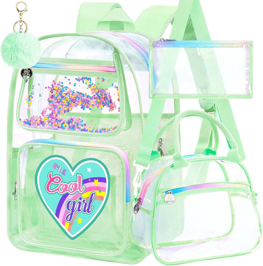 3PCS Clear Backpack Heavy Duty, Cute Sequins Transparent Bookbag with Handbag for Girls, Womens Green See Through School Bag