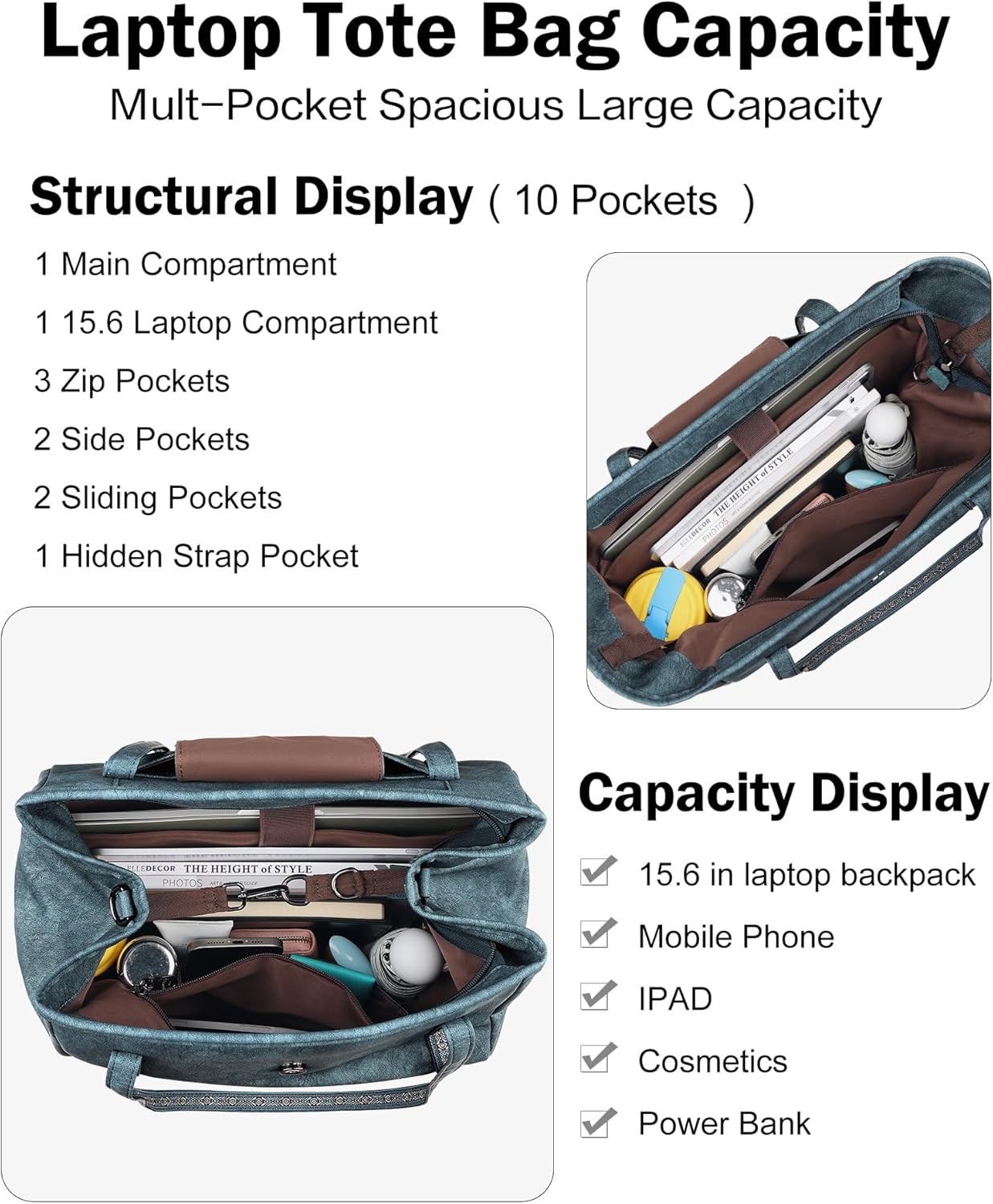 FADEON Large Laptop Tote Bag for Women Designer Leather Laptop Bag Fashion Travel Backpack Purse Shoulder Handbag