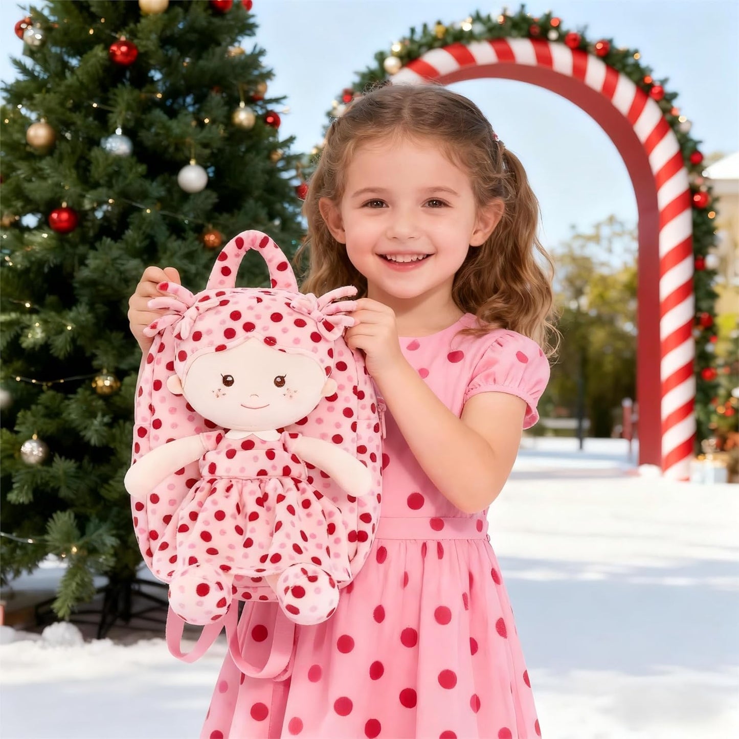 Onetoo Toddler Backpack Back to School Gifts for Girls Plush Backpack Kids Backpacks with Soft Light Baby Dolls in Red Polka Dots Dress 9"
