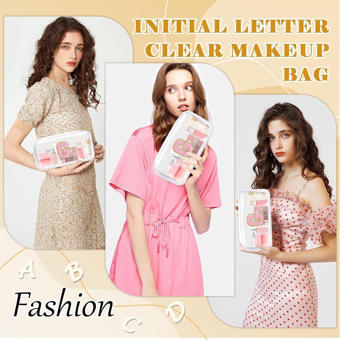 Personalized Initial Letter Clear Preppy Cosmetic Bag, Travel Toiletry Bag, Clear Nylon & PVC, Adult Female Women's Cosmetic Case